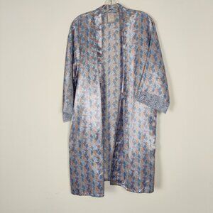 Leyla Women's Satin Robe Size L / XL Blue Cream Tiger Print Lace Feminine Night